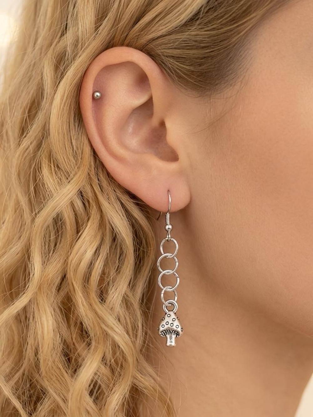 Silver Tone Mushroom Drop Earrings - Silver